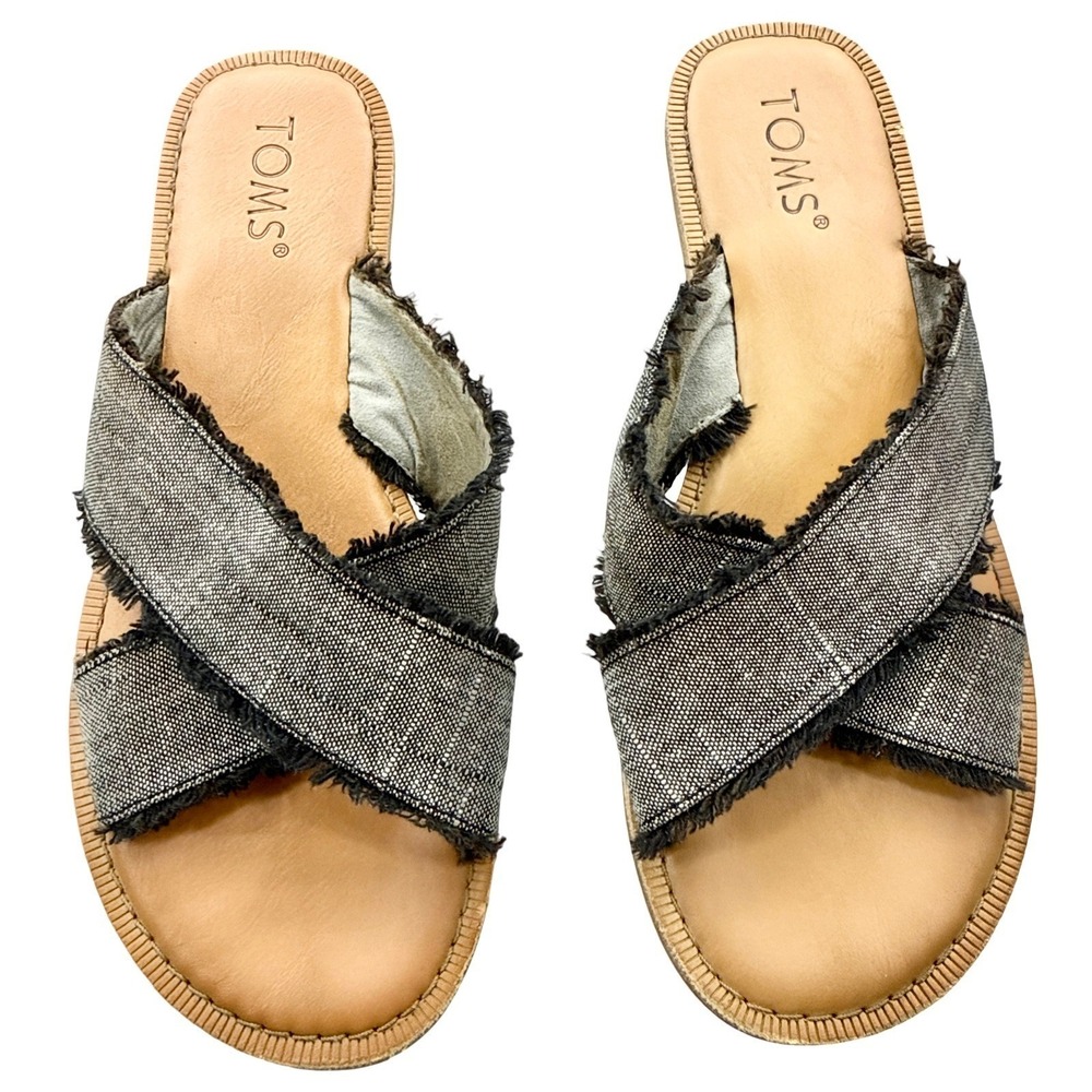 Toms‎ Viv Womens 6.5 Grey Plaid Frayed Crisscross Slide Sandals Flat Boho Shoes